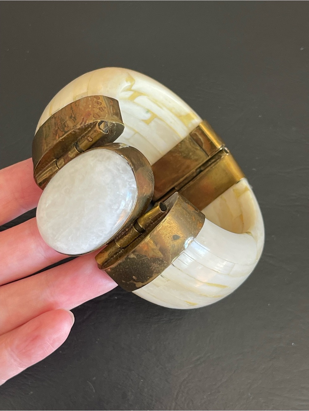 Vintage brass and genuine white Quartz bone bangle.